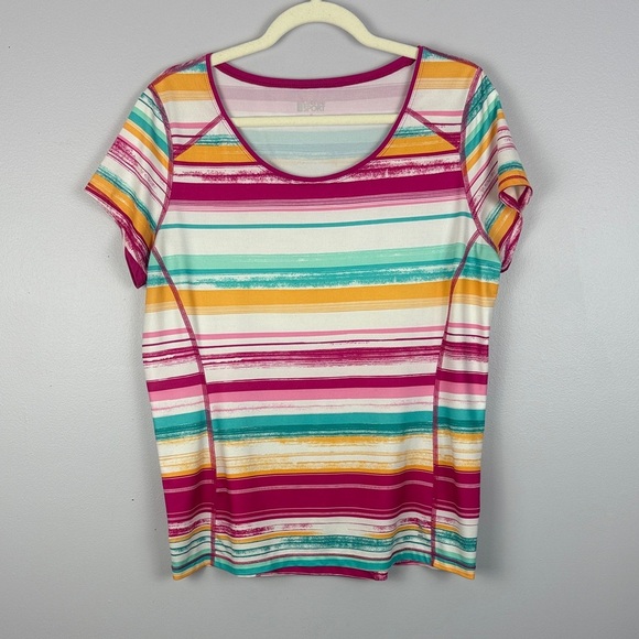 Land's End Sport Vibrant Colorful Pink Orange Teal Striped Short Sleeve Tee M - Picture 2 of 10